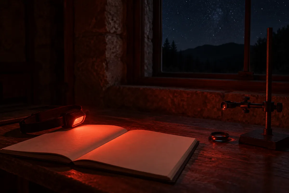 An observing logbook and a red torch on a garden wall at dusk
